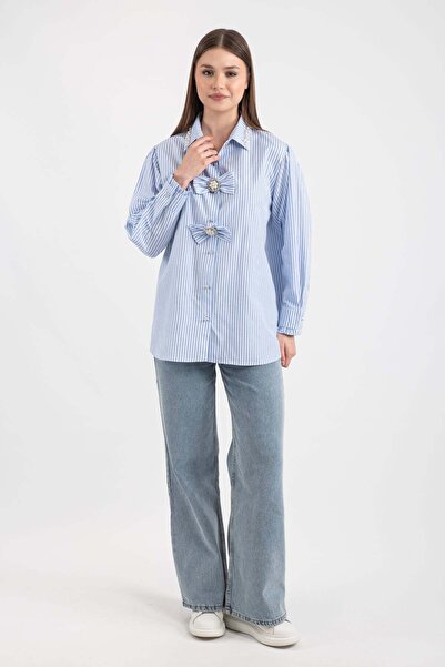 Hatun Atila Women's Striped Shirt with Bow and Pearl Detail on the Front 7934 - Baby Blue