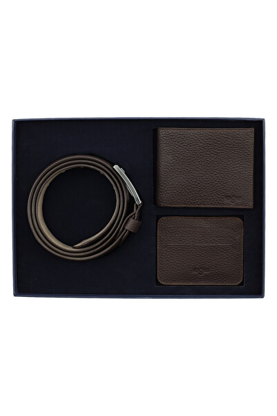 Kiğılı Patterned 3-Piece Leather Belt & Wallet & Card Holder Gift Boxed Set