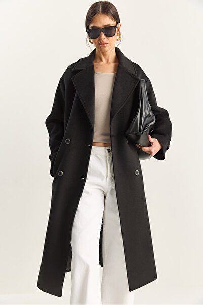 Bianco Lucci Women's Double-Breasted Collar Lined Oversized Long Cashmere Coat 3509 60283849