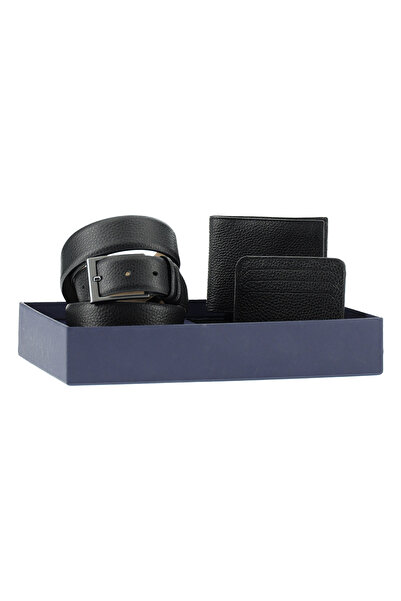 Kiğılı Patterned 3-Piece Leather Belt & Wallet & Card Holder Gift Boxed Set