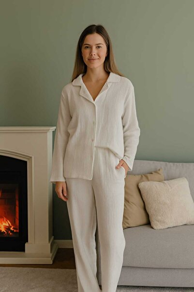 Butik Soft Mood Milenass pijama takımı 2'li Alt Üst Takım müslin, beyaz renk