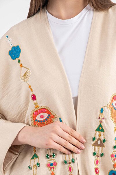 Hatun Atila Women's Oversized Hand Embroidered Ethnic Stone and Sequin Embroidered Kimono Set Ecru - 5150