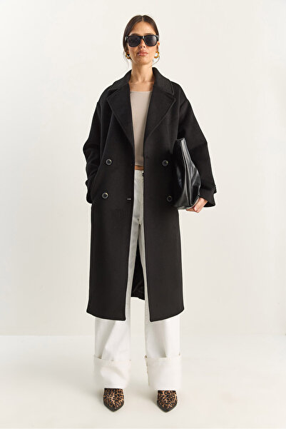 Bianco Lucci Women's Double-Breasted Collar Lined Oversized Long Cashmere Coat 3509 60283849