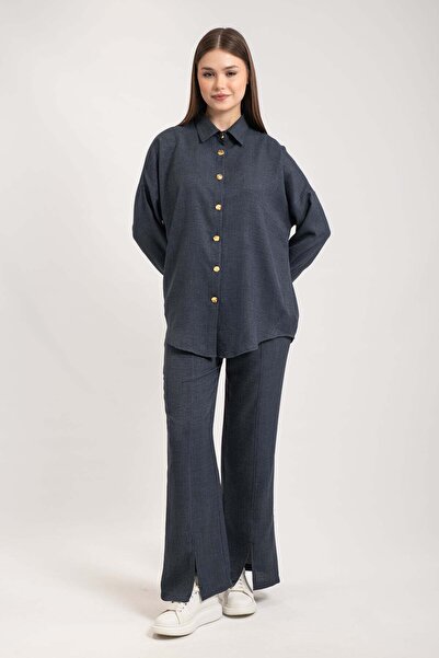 Hatun Atila Women's Gold Buttoned Leg Slit Double Suit 8758 - Navy Blue