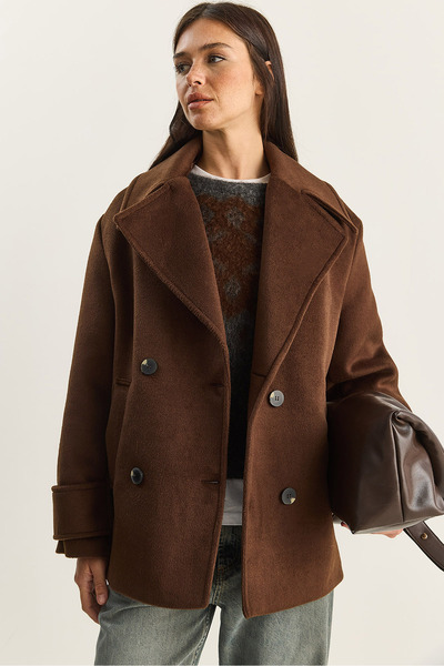 Bianco Lucci Γυναικείο παλτό διπλό πέτο με γιακά και επένδυση κοντό oversized καστανό 3508 60283850