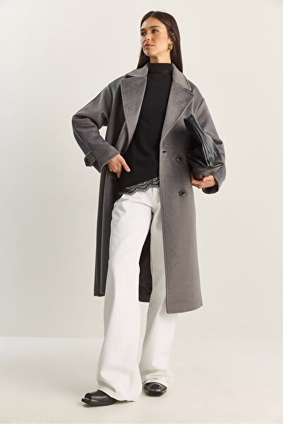 Bianco Lucci Women's Double-Breasted Collar Lined Oversized Long Cashmere Coat 3509 60283849