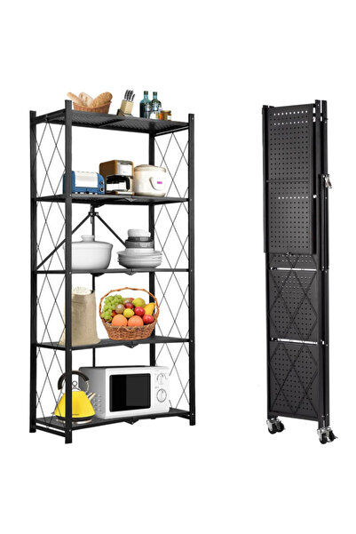 HayaBazaar أرفف تخزين قابلة للطي والتحريك بخمس طبقات، لون أسود، 163×36×71 سم