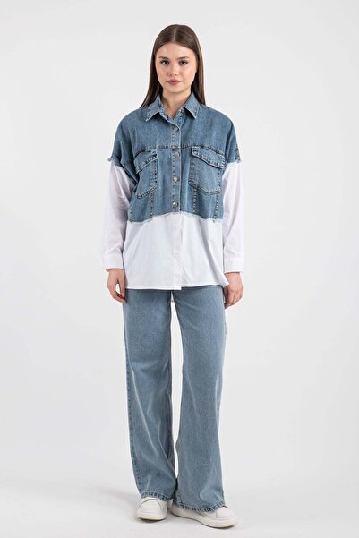Hatun Atila Denim Paneled Pocket Detailed Straight Shirt 8755 - White