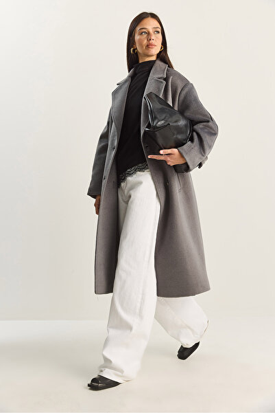 Bianco Lucci Women's Double-Breasted Collar Lined Oversized Long Cashmere Coat 3509 60283849