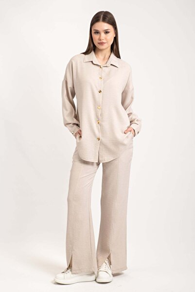 Hatun Atila Women's Gold Buttoned Leg Slit Double Suit 8758 - Beige