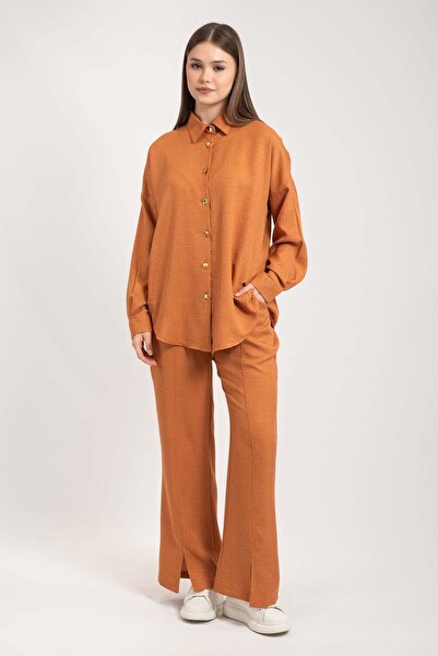 Hatun Atila Women's Gold Buttoned Leg Slit Double Suit 8758 - Orange