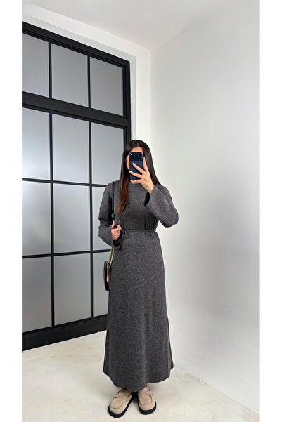 Gaus Anthracite Belted Long Knit Dress Gaus-00802