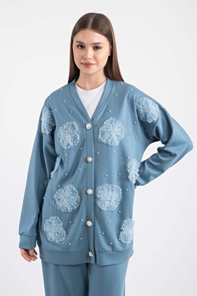 Hatun Atila Tulle Flower and Pearl Detailed Cardigan Set 7926 - Blue