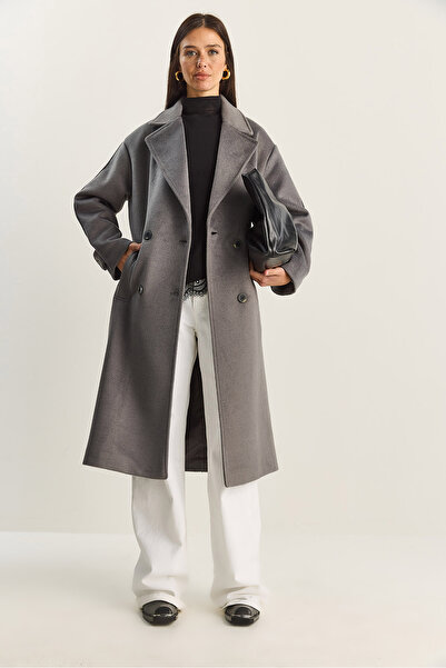 Bianco Lucci Women's Double-Breasted Collar Lined Oversized Long Cashmere Coat 3509 60283849