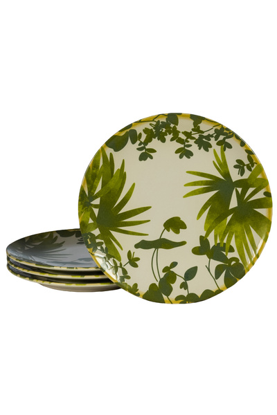 Cesiro Set of 4 flat plates, 26 cm, Hawaii, Light cream with green leaves