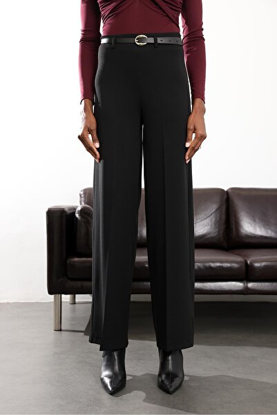 5in1Canpolat Black Belted Stretch Fabric Palazzo Pants 9150