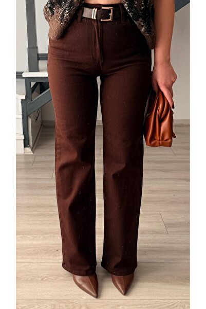 Oslove Coffee belt Stretch Fabric Wide Leg jean