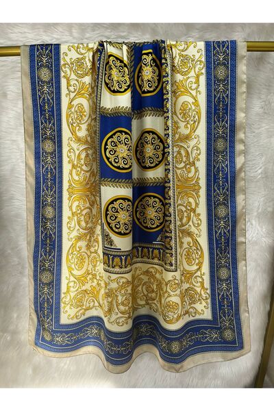 LEİLA SCARF Imported Vual Silk Bone White Sak Cobalt Vi̇si̇ Large Size Shawl