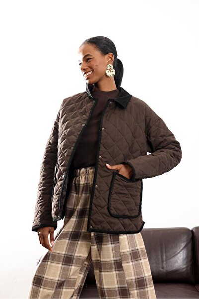 5in1Canpolat Bitter Brown Velvet Collar Quilted Coat 3011