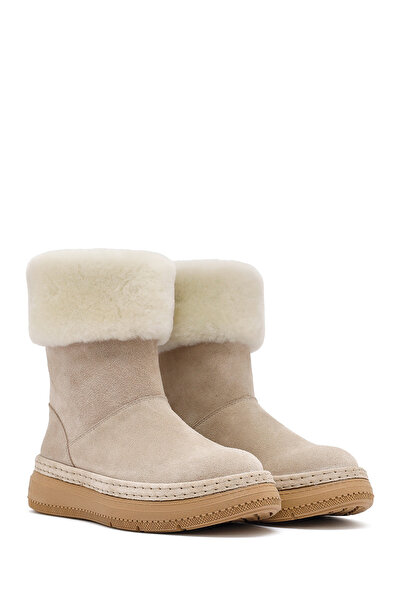Derimod Women's Beige Thick Soled Fur Detailed Suede Leather Boots 25Wfd133410