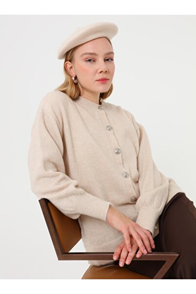 Benin Πλεκτή ζακέτα με λεπτομέρεια με κουμπιά και μανίκια μπαλόνι - Χρώμα πέτρας -