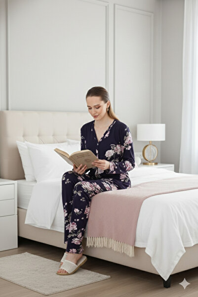 CrazyShopping Women's V-Neck Button down Long Sleeve Pajama Set-Navy Floral Print