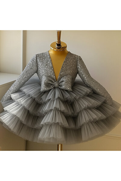 İlknur Karaca Design Γκρι φούστα με χάντρες με βολάν για κορίτσια φόρεμα γενεθλίων ειδικής περίστασης