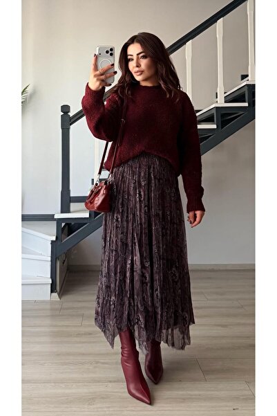 Oslove Burgundy-Black Lined Asymmetrical Skirt with Elastic Waist