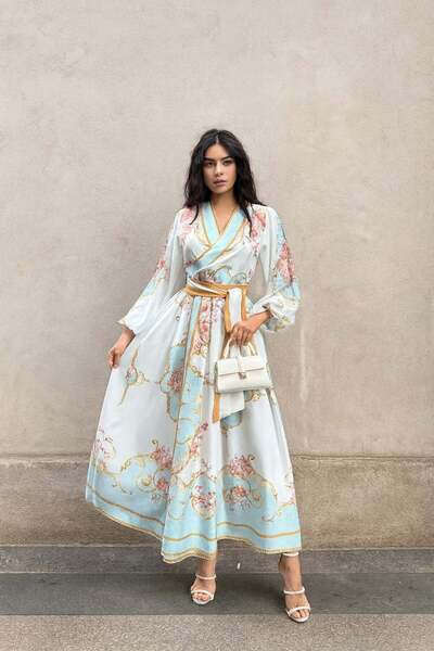suphias Chiffon Fabric & Atlas Fabric Floral Pattern Lined Belted Dress