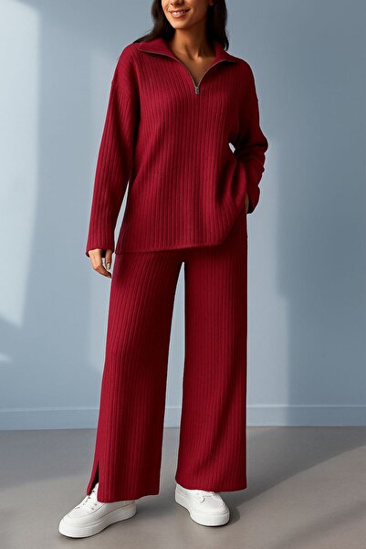 Fua Shop Women's Ribbed Collar, Zippered Leg Slits, Side Zipper Knitwear Suit