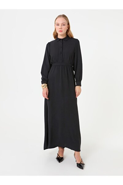 Refka Gathered Waist Classic Buttoned Hijab Dress - Black -