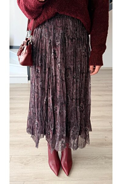 Oslove Burgundy-Black Lined Asymmetrical Skirt with Elastic Waist