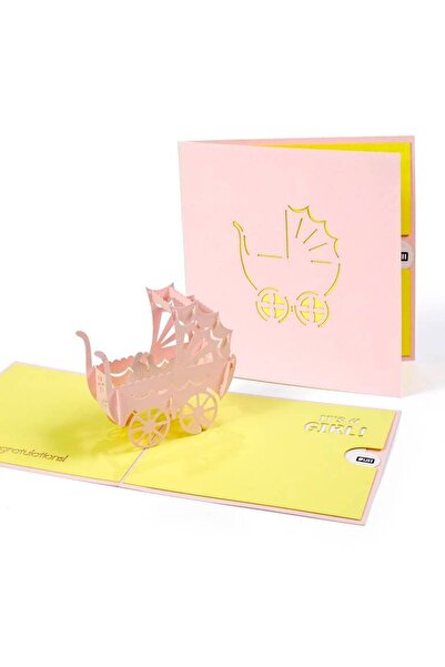 ruh بطاقة مولودة جديدة - غلاف وردي ناعم مع رسمة عربة أطفال صفراء