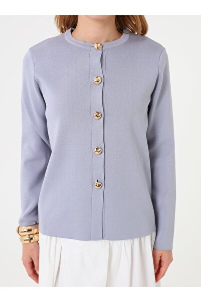 Refka Soft Knitted Cardigan with Gold Button Detail - Blue -