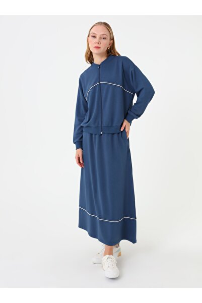 Benin Stripe Detailed Zippered Sweatshirt & Long Skirt Set - Petrol -