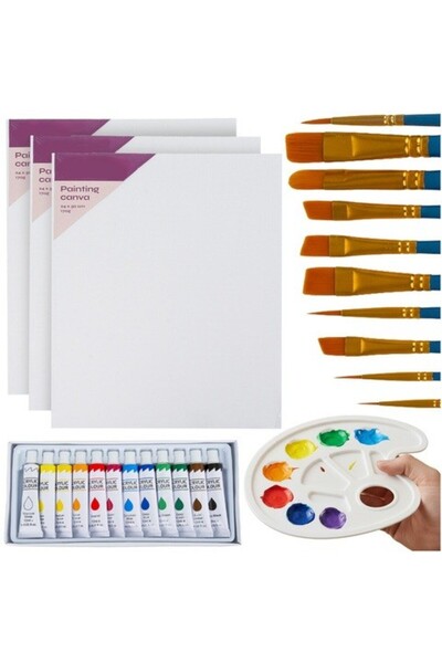 zola 26-piece painting set, 3 painting canvases, 24×30 cm, 12 acrylic paints, 10 brushes, palette