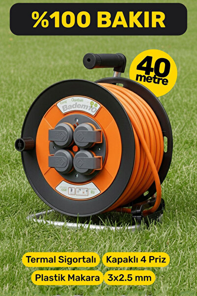Badem10 Plastik Makaralı Kablo Uzatma Kablosu % 100 BAKIR 40 Metre 3x2.5 mm Termal Sigortalı Seyyar 4 Prizli