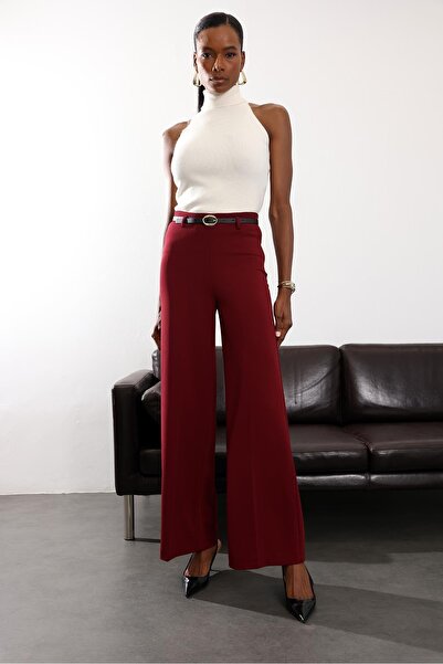 5in1Canpolat Burgundy Belted Stretch Fabric Palazzo Pants 9150