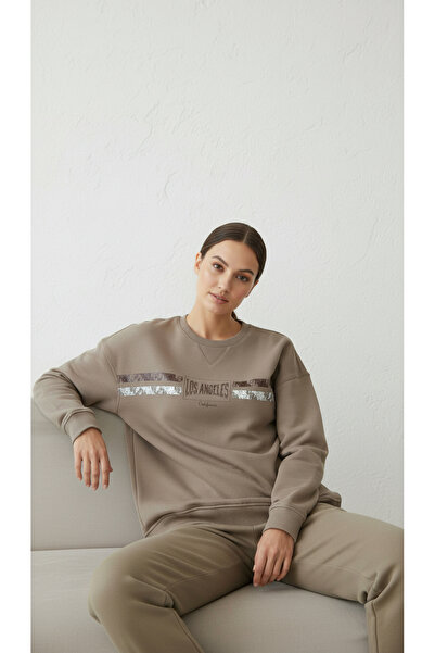 Giyim Dünyası سترة نسائية مطبوع مبطن بالصوف بثلاثة خيوط باللون البني