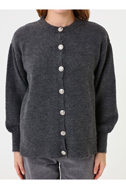 Benin Button Detailed Balloon Sleeve Knit Cardigan - Anthracite -