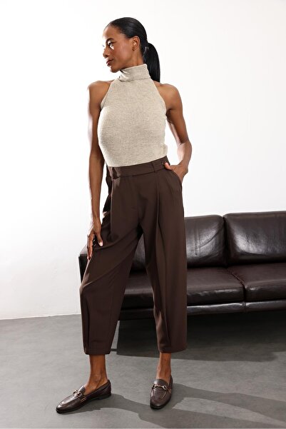 5in1Canpolat Brown Pleated Detailed Carrot Pants 60