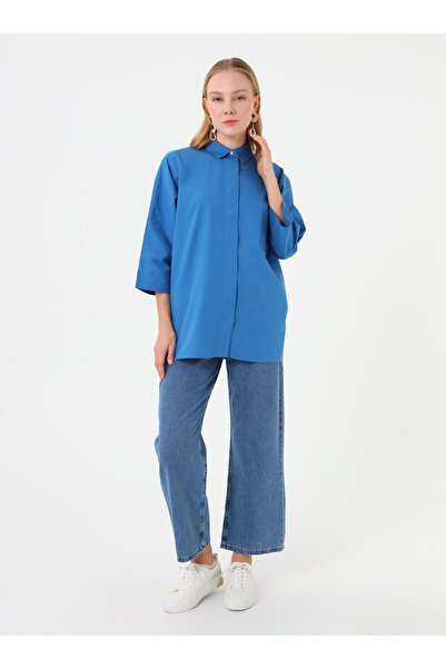 Refka Cotton Fabric Hidden Button Blouse / Shirt - Indigo - Exclusive
