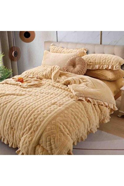 Alhabib bedding Lina Winter Queen Beige Luxury Faux Fur Bedspread Set, 6 Pieces