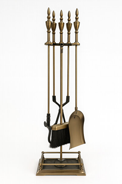 SOMINECO 5’li Antik Pirinç Dövme Demir Şömine Alet Aksesuar Bakım Seti – Stan...