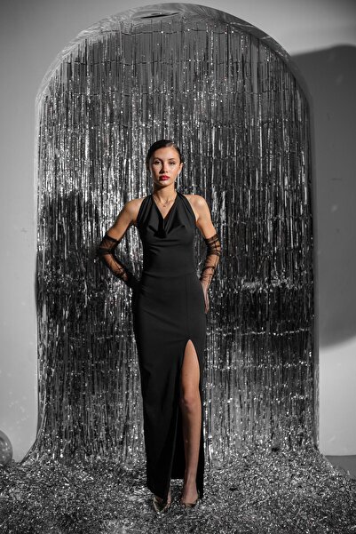 OYKUWEAR Rizzle Degaje Yaka Boyundan Bağlamalı Sırt Detay Siyah Uzun Elbise