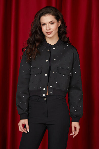 Fulla Moda Stone Detailed Snap Fastener Double Pocket Crop Jacket