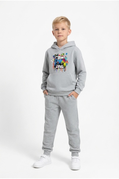 YA KO KİDS 3 İplik Ş Fleece-Lined Kangaroo Pocket K Hooded Game Print Themed Boys' Tracksuit Set