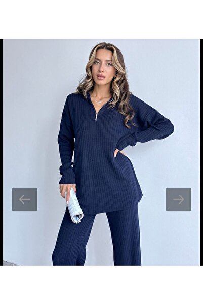 Fua Shop Women's Ribbed Collar, Zippered Leg Slits, Side Zipper Knitwear Suit