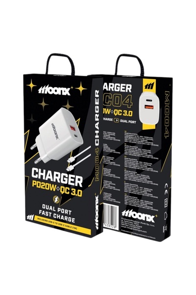 moonx Incarcator priza MC04 PD20W 1xUsb-C+1Usb QC3.0 + cablu Usb-C/Usb-C White