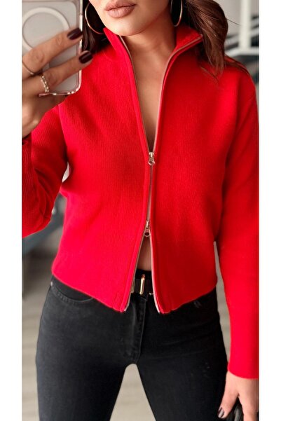 Oslove Red Double Zipper Steel Knitwear Cardigan